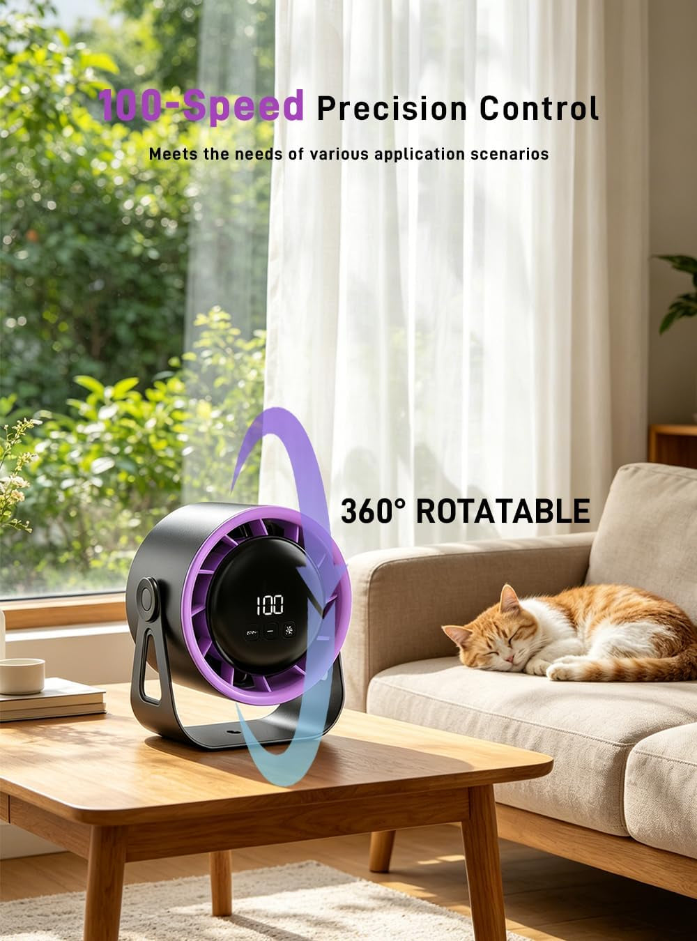 100 Speeds USB Desk Fan, 360° Rotatable Table Fan, Quiet Silent Desktop Fan, Rechargeable Cordless Battery Fan for Bedroom Office, Wall Mountable Portable Cooling Fan (Black)