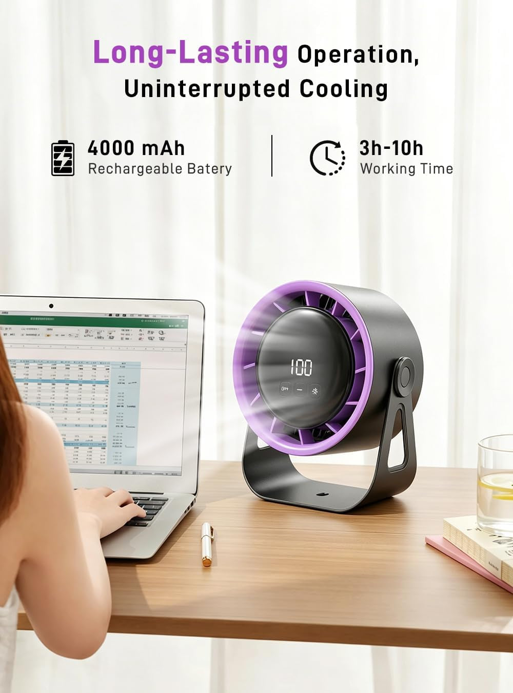 100 Speeds USB Desk Fan, 360° Rotatable Table Fan, Quiet Silent Desktop Fan, Rechargeable Cordless Battery Fan for Bedroom Office, Wall Mountable Portable Cooling Fan (Black)