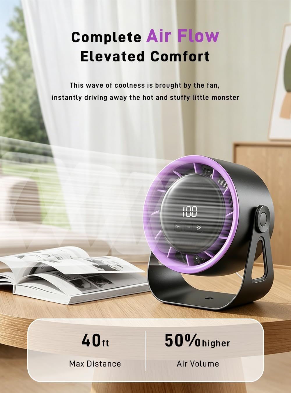 100 Speeds USB Desk Fan, 360° Rotatable Table Fan, Quiet Silent Desktop Fan, Rechargeable Cordless Battery Fan for Bedroom Office, Wall Mountable Portable Cooling Fan (Black)